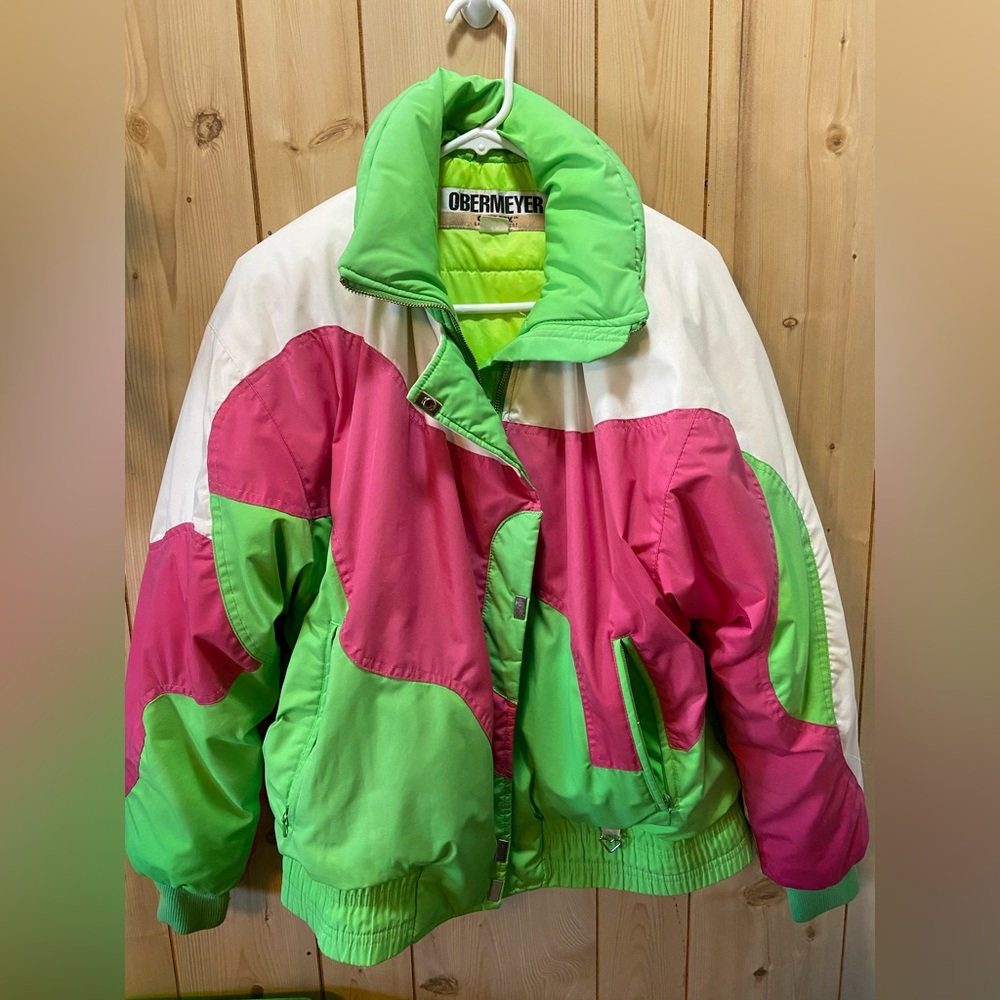 Obermeyer - Neon Green and Pink Vintage Ski Jacket - Womens Large - retro - rare